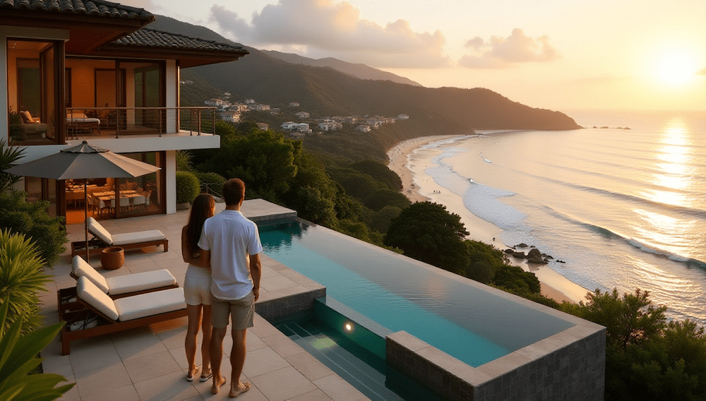 Couple overlooking Tamarindo Beach Costa Rica from their hillside luxury home