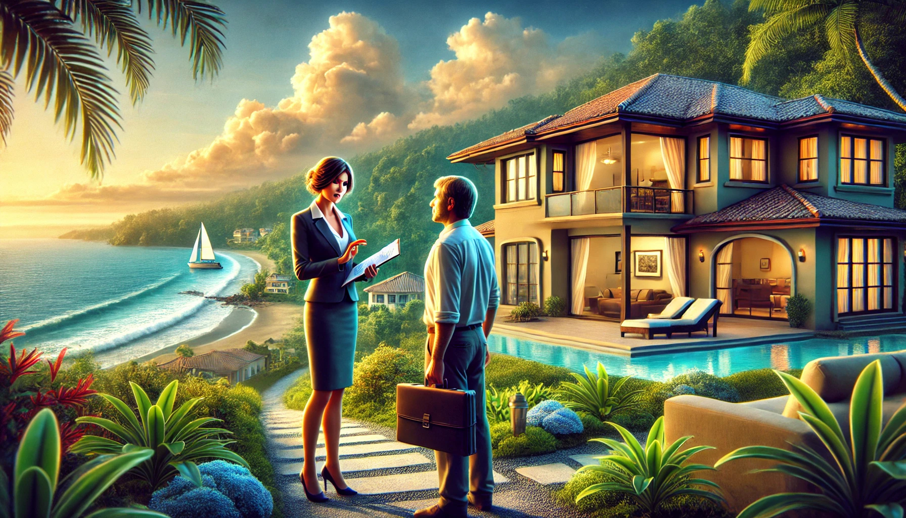 Illustration of a real estate agent reviewing the property purchase process with a client. There is a luxury home on the hillside surrounded by tropical plants and a view of the Pacific Ocean in the background with distant clouds and a sailboat on the water.