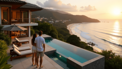 Couple overlooking the Pacific Ocean from a hillside near Tamarindo Costa Rica