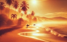 Illustration of surfers on the beach in Tamarindo, Costa Rica