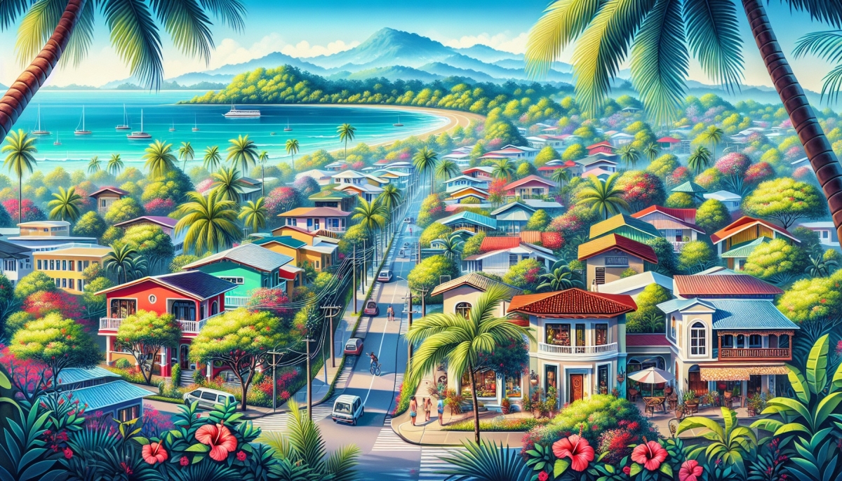 Colorful illustration depicting different styles of properties in Tamarindo Costa Rica