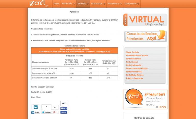 Chart from CNFL in Costa Rica detailing the cost per kWh based on usage.